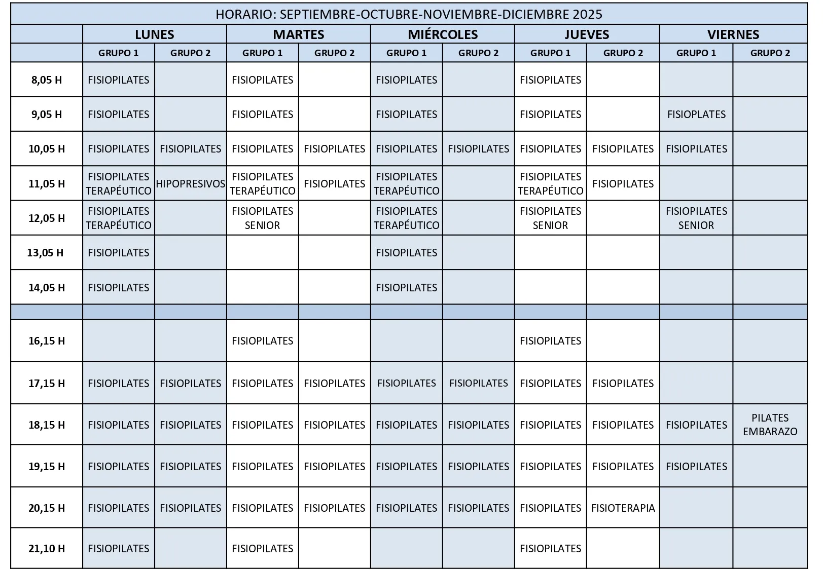 Horario actividades Alfisio